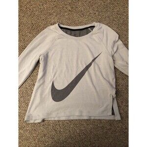 Nike Women's Dri Fit Poly Drift Shirt Long Sleeve Medium Gray Center Swoosh Logo